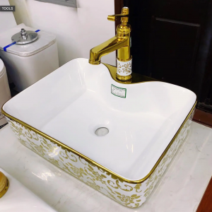 Chậu lavabo hoa vàng chữ nhật